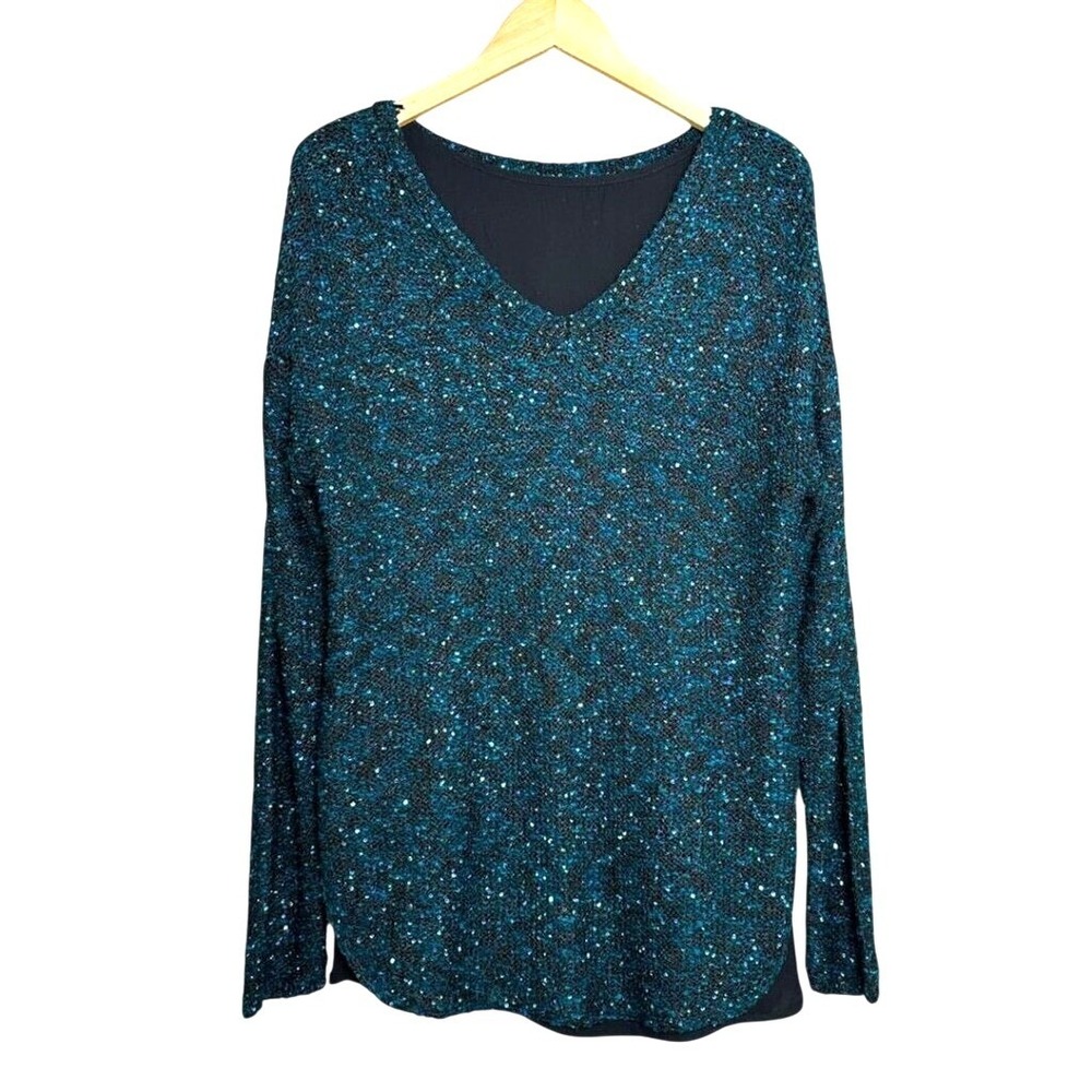 APTO XL Teal Black Sequin Knit Sheer Hem‎ Long Sleeve V Neck Top